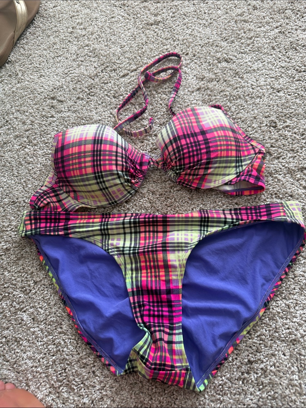 Arizona Jean Company Purple Bikini Bottom with Neon Plaid Trim